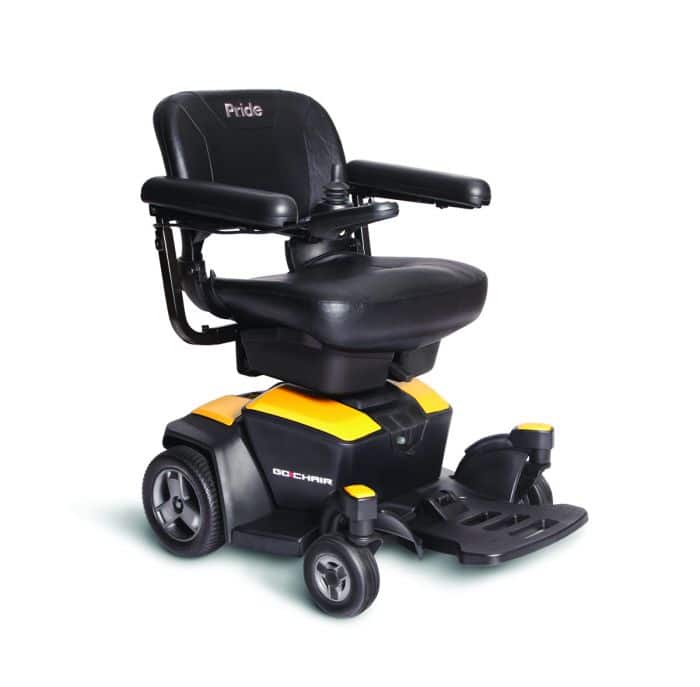 Pride Go Powerchair The pride Go powered wheelchair in Citrine Yellow